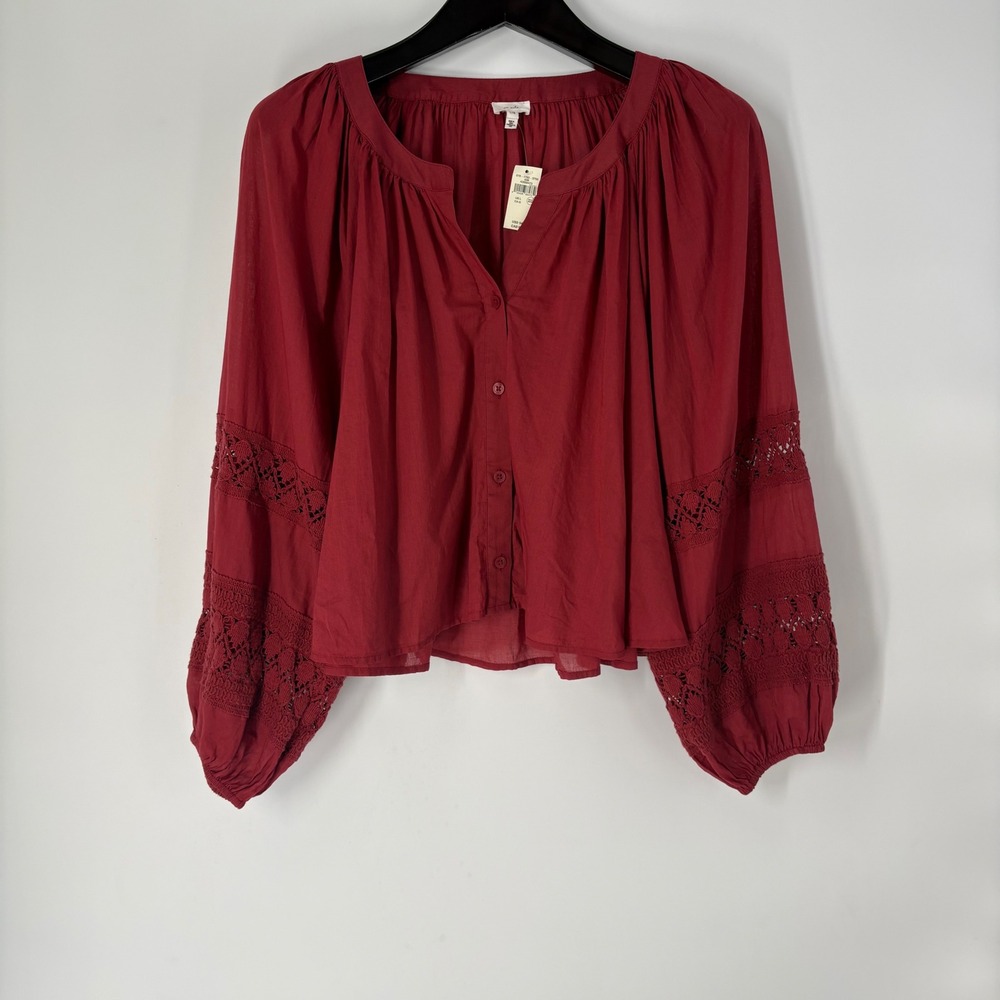 Aerie Womens Red Cotton Gauze Peasant Top L Crochet Lace Balloon Sleeve Festival
